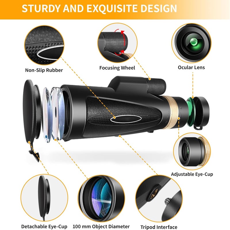 KTBDING Monocular Telescope 80x100 HD Monoculars for Adults with Tripod & Phone Adapter, Monoculars for Bird Watching Stargazing Camping Hiking Hunting Wildlife Travel-Black - Image 2